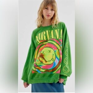 Urban Outfitters Woman’s S/M NIRVANA Green Overdyed Smiley Sweatshirt